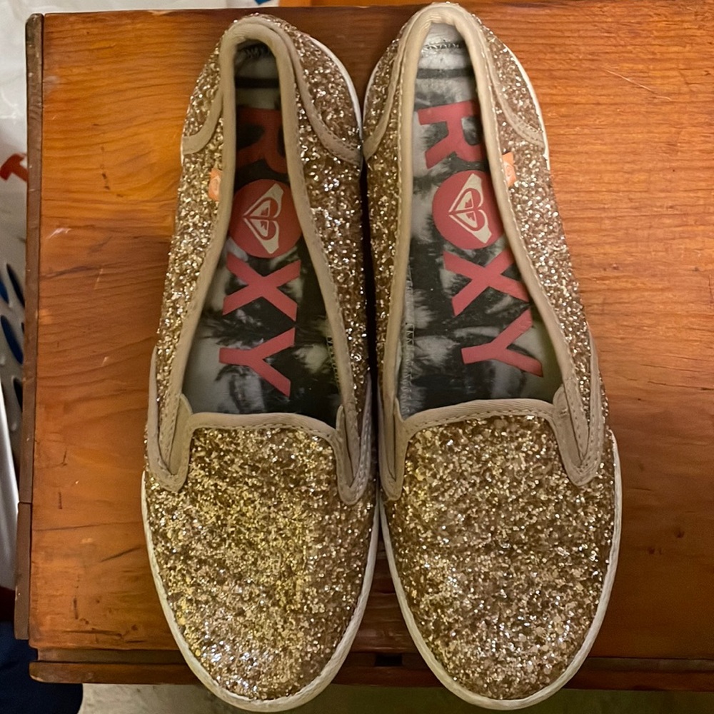 Roxy gold glitter slip-on espadrille shoes